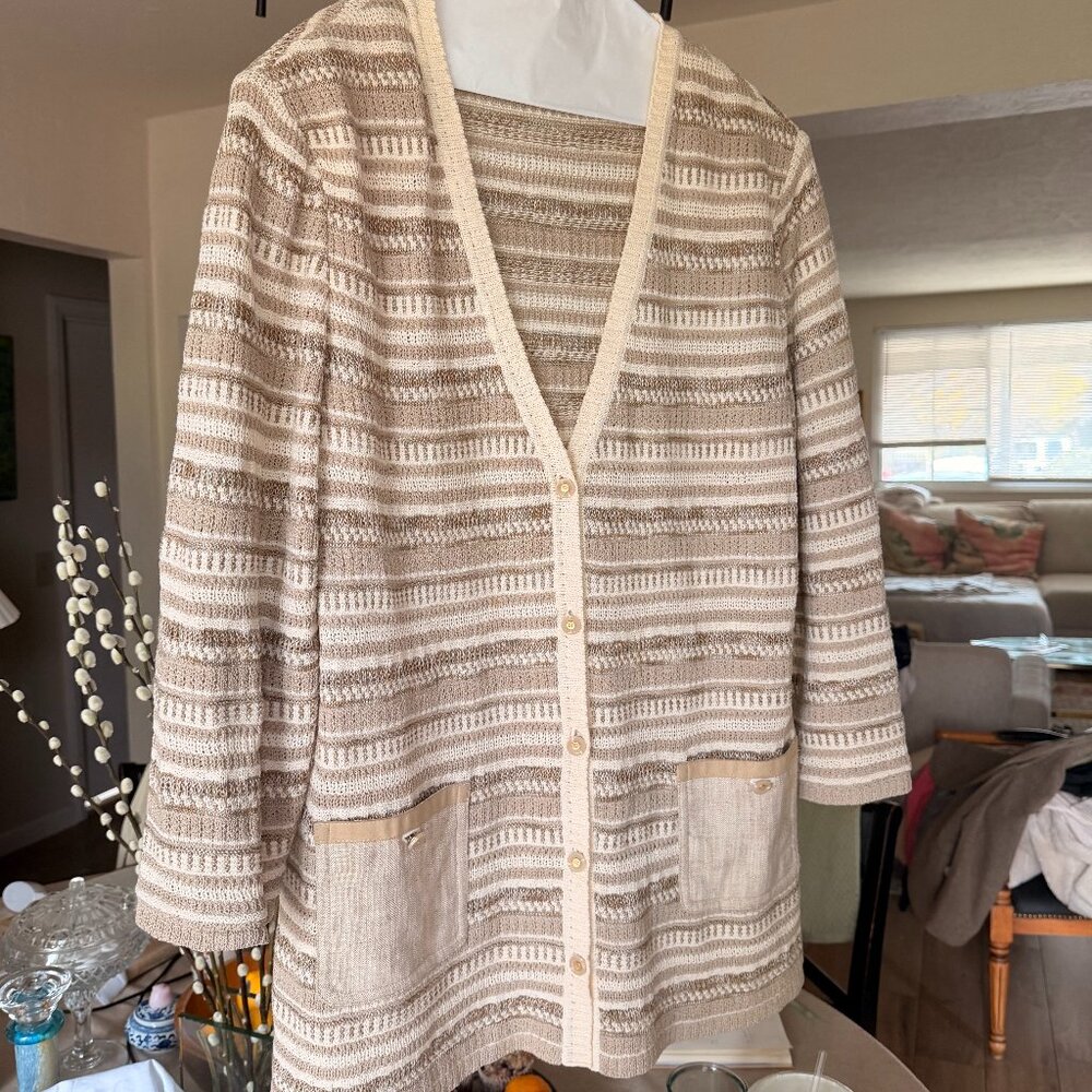 Vintage St. John Sport Striped Knit Long Cardigan – Beige Neutral Luxe